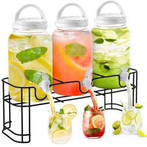 lot 4759 image: Tanlade 3 Pcs Plastic Drink Dispenser with Stand Beverage Dispenser with Sturdy Metal Base Juice Dispensers for Parties Lemonade Jar with Spigot for Weddings Countertop Water, Each 1 Gallon