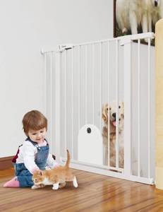 lot 4860 image: Babelio 36 Tall Auto Close Baby Gate with Small Cat Door, 29-43 Metal Cat Gate for Doorway, Stairs, House. Easy Walk Thru Dog Gate with pet Door, Includes 4 Wall Cups and 3 Extension Pieces, White - Retail $96.8