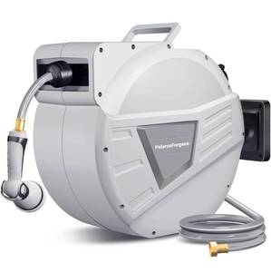 lot 4861 image: Retractable Garden Hose Reel 65ft PolarcoForgeco 12 Inch x 65 ft Wall Mounted Hose Reel with 10- Function Sprayer Nozzle, Any Length LockSlow Return SystemWall Mounted180° Swivel Bracket - Retail $95.59