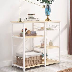 lot 4873 image: SDHYL Coffee Bar, 35 inch Bakers Rack Microwave Stand with 5 Storage Shelves Hanging Hooks, Kitchen Shelves Organizers Bakers Racks with Movable Basket, Coffee Station Table for Home Kitchen - Retail $76.93