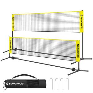 lot 4880 image: SONGMICS 16.5 ft Badminton Net, Height Adjustable Volleyball Net, Pickleball Net with Poles, Foldable Nylon Net for Tennis Indoor Outdoor Court, Yellow and Black USYQ500Y
