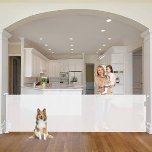 lot 4893 image: 90 Inch Retractable Baby Gates Extra Wide Dog Gates for Dogs Indoor Outdoor Extra Long Baby Gates for Large Openings Large Baby Gate Mesh Dog Gates for The House Extra Wide Baby Gate Deck Gate, White - Retail $78.85