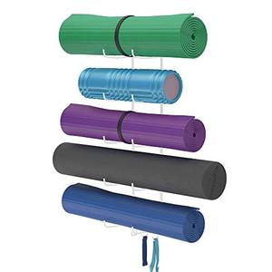 lot 4896 image: Wallniture Guru Foam Roller & Yoga Mat Holder Wall Mount with 3 Hooks for Hanging Yoga Strap, Resistance Bands, 5-Sectional Metal (White)