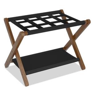 lot 4897 image: Heybly Luggage Rack, Folding Suitcase Stand with Storage Shelf, Luggage Holder with 5 Nylon Straps for Guest Room Bedroom Hotel, Walnut, HLR010WB1