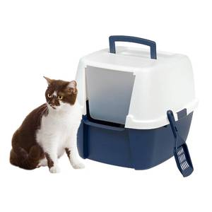 lot 5409 image: IRIS USA Jumbo Cat Litter Box Enclosure with Front Door Flap and Scoop, Hooded Kitty Litter Tray with Easy Access Lift Top Handle and Buckles for Portability and Privacy, NavyWhite