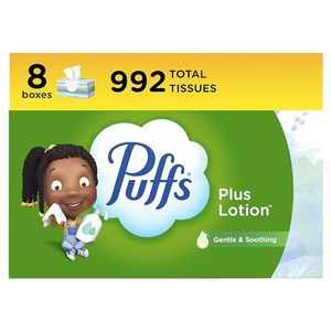 lot 5492 image: Puffs Plus Lotion Facial Tissues, 8 Family Boxes, 124 Facial Tissues per Box, Allergies and Colds