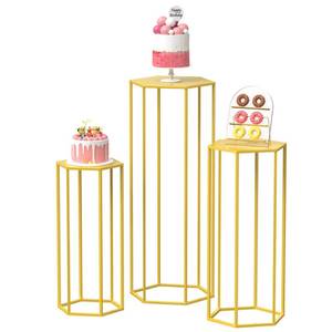 lot 5496 image: Putros Cylinder Stand Hexagon Gold Pedestal Stand for Party 3Pcs Metal Plant Stand Tall Cake Cylinder Pedestal Stand for Wedding Flower Vase Living Room Patio Decoration