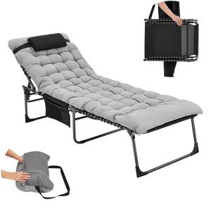 lot 1110 image: KingCamp Oversized Adjustable Folding Chaise Lounge Chair with Mattress for Outdoor Patio Beach Lawn Pool Sunbathing Tanning, Heavy Duty Portable Camping Recliner with Pillow, Supports 330lbs, Black