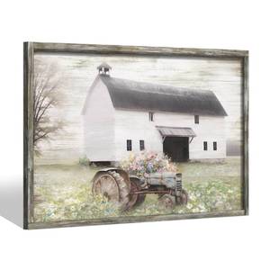 lot 1119 image: Farmhouse Barn Wooden Wall Art Framed Rustic Country Farm Painting Old Tractor Flower Picture Vintage Countryside Field Landscape Print Artwork for Bedroom Living Room Office Decor