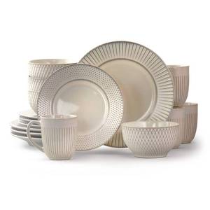 lot 1128 image: Elama Market Finds 15 Piece Round Stoneware Dinnerware Set in Embossed White