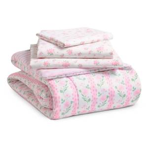 lot 2982 image: Delta Children 4 Piece Toddler Bedding Set for Girls - Reversible 2-in-1 Comforter - Includes Fitted Comforter to Keep Little Ones Snug, Bottom Sheet, Top Sheet, Pillow Case - Pink Floral