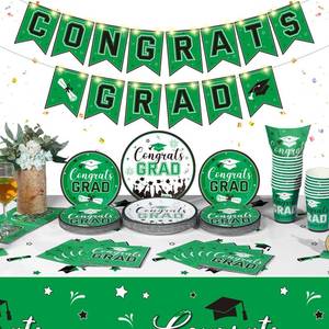 lot 2985 image: Capoda Congrats Grad Party Set Serve for 30 Graduation Decoration Banner with LED Light Class of 2024 Party Supplies Plates Tablecloth Cups Napkins for Celebration Prom Party Supply Green (Missing Pieces)
