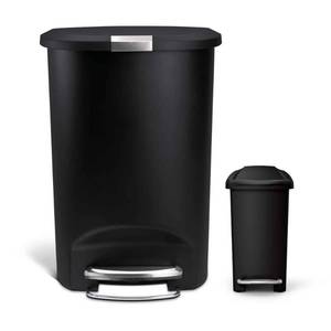 lot 4098 image: 50 l Black Semi-Round Soft Close Step-On Plastic Trash Can with Lid-Lock and Free 10 l Slim Black Plastic Can