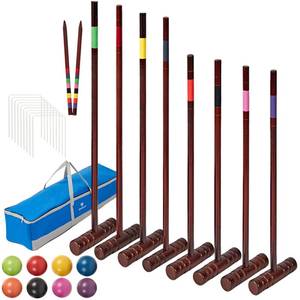 lot 1045 image: SpeedArmis Croquet Set for Adults - 8 Players Croquette Set with 35In Deluxe, 32In Regulation Size Rubber Wood Mallets, Colored PE Ball, Wickets, 24In End Stakes, Lawn Backyard Game Set for Families