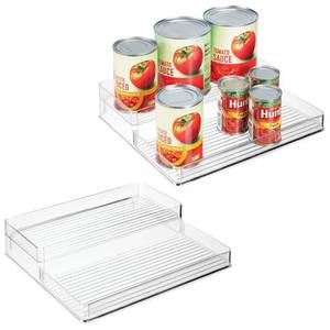 lot 1067 image: mDesign Plastic Kitchen Food Storage Organizer Shelves, Spice Rack Holder for Cabinet, Cupboard, Countertop, Pantry - Holds Jars, Baking Supplies, Canned Food, Pasta - 2 Levels, 10 W, 2 Pack - Clear