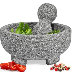 lot 1070 image: PriorityChef Granite Mortar and Pestle Set - 6.1 Inch Natural Stone Molcajete Mexicano for Spices, Seasonings, Pastes - Pestle and Mortar Bowl for Fresh Guacamole, Salsa, Pesto, Small, Grey. (Missing Pestle)