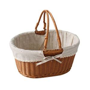 lot 4137 image: Imitation Rattan Picnic Basket, Storage Basket, Shopping Basket, Rattan Fruit Basket, Carrying Basket, Artificial Woven, Floral Lined Lace Trim (12, Oval, 1, pb2-1)