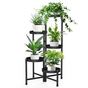 lot 4185 image: iDavosic.ly 5 Tier Metal Plant Stand for Indoor Outdoor, Foldable Corner Tall Plant Shelf for Multiple Plants, Flower Pot Holder Display Stand for Living Room Balcony Garden Patio (Black)