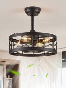 lot 4191 image: LEDIARY 16.5 inch Black Caged Ceiling Fan with Light, Bladeless Industrial Ceiling Fan with Remote, Farmhouse Fan Lights Ceiling Fixtures for Kitchen, Bedroom��6 Speed, Timing��-Black - Retail $99.96