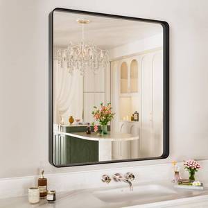 lot 4204 image: ISTRIPMF Black Metal Framed Bathroom Mirror for Wall,32X36 Rounded Rectangle Mirror, Matte Black Bathroom Vanity Mirror Farmhouse, Anti-Rust, Tempered Glass, Hangs Horizontally or Vertically - Retail $151.44