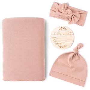 lot 4219 image: Konssy Baby Girl Newborn Receiving Blanket with Matching Headband and Beanie Set Baby Swaddle Nursery Swaddle Wrap(Pink)