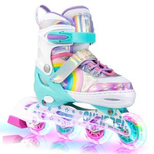 lot 5587 image: SULIFEEL Rainbow Unicorn Adjustable Inline Skates for Girls Boys and Youth with All Illuminating PU Wheels for Outdoor and Indoor Beginner Skates Large