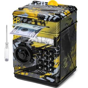 lot 5604 image: ATM Piggy Bank for Boys Girls, Vcertcpl Mini ATM Coin Bank Money Saving Box with Password, Kids Safe Money Jar for Adults with Auto Grab Bill Slot, Great Gift Toy Bank for Kids (Large, Yellow) (Locked... Coins Inside)