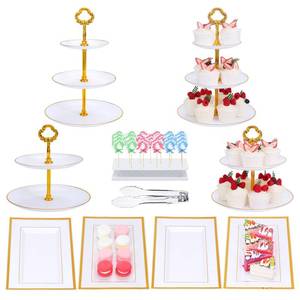 lot 5615 image: A 10 Pcs Dessert Table Display Set Cupcake Stand with Gold Rim 4 Pcs White 23 Tier Cake Stand 4 Pcs Plastic Serving Tray Cake Pop Cookie Holder Platter Rack Tower for Tea Party Wedding Baby Shower
