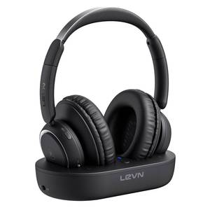 lot 5628 image: LEVN LE-HS018 Wireless Headphones, Bluetooth 5.2, Over Ear, 65h Battery, TV Transmitter Charging Base, Hearing-impaired, Plug and Play, Gifts for Elderly, Black (Missing TV Tray)
