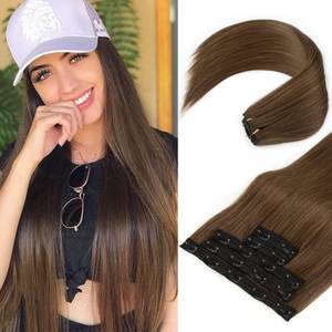 lot 5638 image: REECHO Clip in Hair Extensions, Hair Extensions Thick Long Lace Weft Lightweight Synthetic Hairpieces for Women (24 Inch-240 Gram(Pack of 5), Chestnut Brown)