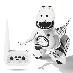 lot 5673 image: Sharper Image Interactive RC Robotosaur Dinosaur Built-in Mood Sensors and Color-Changing LED Eyes Motion Detection Growls Snores Battery Operated- WhiteBlack