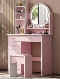 lot 2003 image: WIAWG 5-Drawers Pink Wood Makeup Vanity Set Dressing Desk WStool, LED Round Mirror and Storage Shelves 52 x 31.5 x 15.7 in.