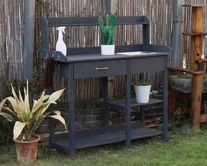 lot 2027 image: VEIKOUS 47.9 in. H x 42.1 in. W x 15.3 in. D Dark Grey Wooden Garden Potting Bench Table with Removable Stainless Sink & Drawer