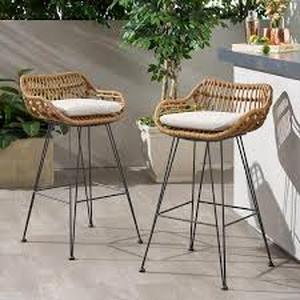 lot 2032 image: Noble House Dale Light Brown Faux Rattan Outdoor Patio Bar Stool with Beige Cushions (2-Pack) Retail $258.00