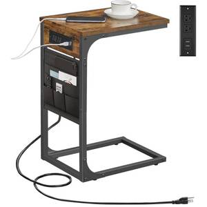 lot 1060 image: TUTOTAK C Shaped End Table with Charging Station, Side Table with 2 USB Ports and Outlets, C-Shaped Snack Table with Cloth Bag, TV Tray Table, Couch Table TB01BB024