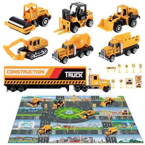 lot 1081 image: TEMI Diecast Engineering Construction Vehicle Toy Set wPlay Mat,Truck Carrier, Forklift, Bulldozer, Excavator,Dump Truck, Alloy Metal Car Toys Set for 3 4 5 6 Years Old Toddlers Kids Boys & Girls