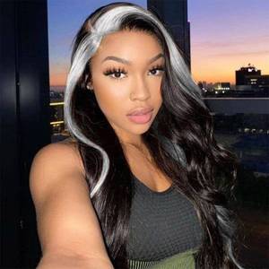 lot 1086 image: 28 Long Wavy Wigs for Black Women Skunk Stripe Body Wave Wig Highlighted Synthetic Lace Wigs Black with White Wig Streaks Wig Curly Wavy Side Part Wig for Daily Party Use(Natural ColorWhite#)