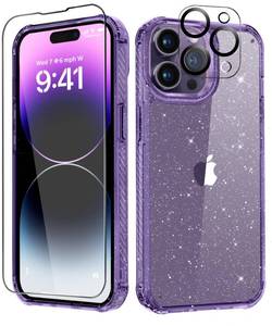 lot 1101 image: MIODIK Clear Glitter Case for iPhone 14 Pro, Military-Grade Protective with Screen Protector  Camera Protector, Non-Yellowing Slim Shockproof Women Cute Bumper Cover 6.1 2022 (Light Purple)