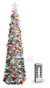 lot 1121 image: HISFFOG 5FT Pop Up Christmas Tinsel Tree with 8 Rmote Lights Modes - Collapsible Colorful Sequin Artificial Christmas Pencil Trees Decorations for Home Apartment Party Fireplace Indoor Outdoor
