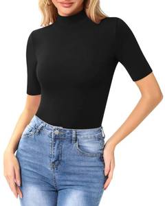 lot 1133 image: MANGOPOP Womens Mock Turtle Neck Slim Fit Half Elbow Short Sleeve T Shirts Tight Tops Tee Large