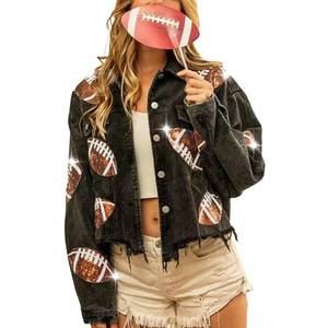 lot 1144 image: SeekMe Womens Cropped Corduroy Jacket Football Sequin Patched Short Button Raw Hem Jacket Coat(1756-Black-L-FY)