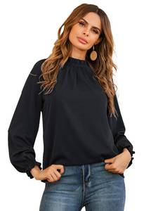 lot 1145 image: LYANER Womens Frill Mock Neck Flounce Long Sleeve Solid Blouse Office Shirt Top Black Small