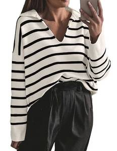 lot 1170 image: CFLONGE Womens 2024 Fall Winter Casual Breton Striped Long Sleeve Polo V Neck LightweightPullover Sweater Loose Fit Drop Shoulder Knitted Shirts Tops(Large,Beige White)
