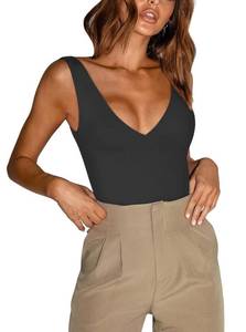 lot 1186 image: REORIA Womens Summer Sexy Plunge Deep V Neck Sleeveless Double Lined One Piece Tank Tops Thong Bodysuits Leotards For Going Out Black- Medium