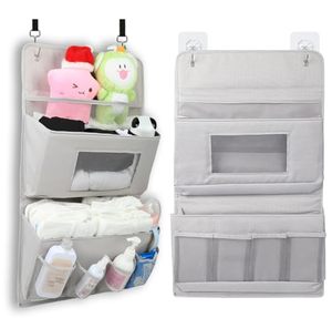 lot 1193 image: KIKJOK Hanging Diaper Caddy Organizer for CribWall Diaper Organizer for Crib, Diaper Holder Organizer, Diaper and wipes organizer-Hanging Organizers- Baby Essentials Storage - Grey, 3 Tier