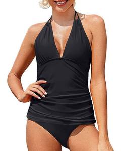 lot 1234 image: Yonique Womens Two Piece Swimsuits Solid Black Tummy Control Tankini Plus Size Bathing Suit Halter V Neck Swimwear M