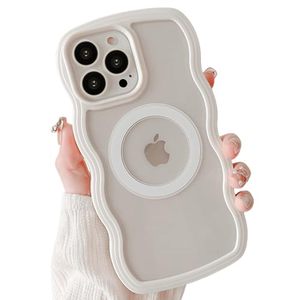 lot 1237 image: MINSCOSE Magnetic Case for iPhone 13 Pro Max Compatible with Magsafe, Cute Curly Wave Frame with Clear Fashion Designs,Soft TPU Shockproof Sturdy Protective Phone Cover for Girls Women-White
