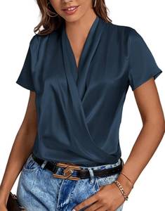 lot 1251 image: LYANER Womens Satin Silk Wrap V Neck Draped Short Sleeve Elegant Office Blouse Top Navy Blue Medium