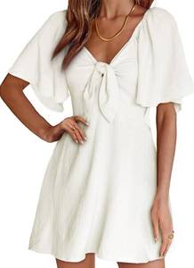 lot 1254 image: Dokotoo Summer Dresses for Women 2024 Casual Wedding Guest Spring Sexy V-Neck Drawstring Cap Sleeve Elegant Short Beach Dresses Mini Dress White Large