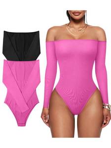 lot 1264 image: TOB Womens 2 Piece Bodysuits Sexy Ribbed One Neck Long Sleeve Tops Yoga Bodysuits Black Rose Medium